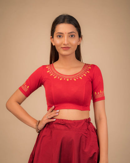 Jhankaar Red Embroidered Round Neck Stretchable Blouse by Advi