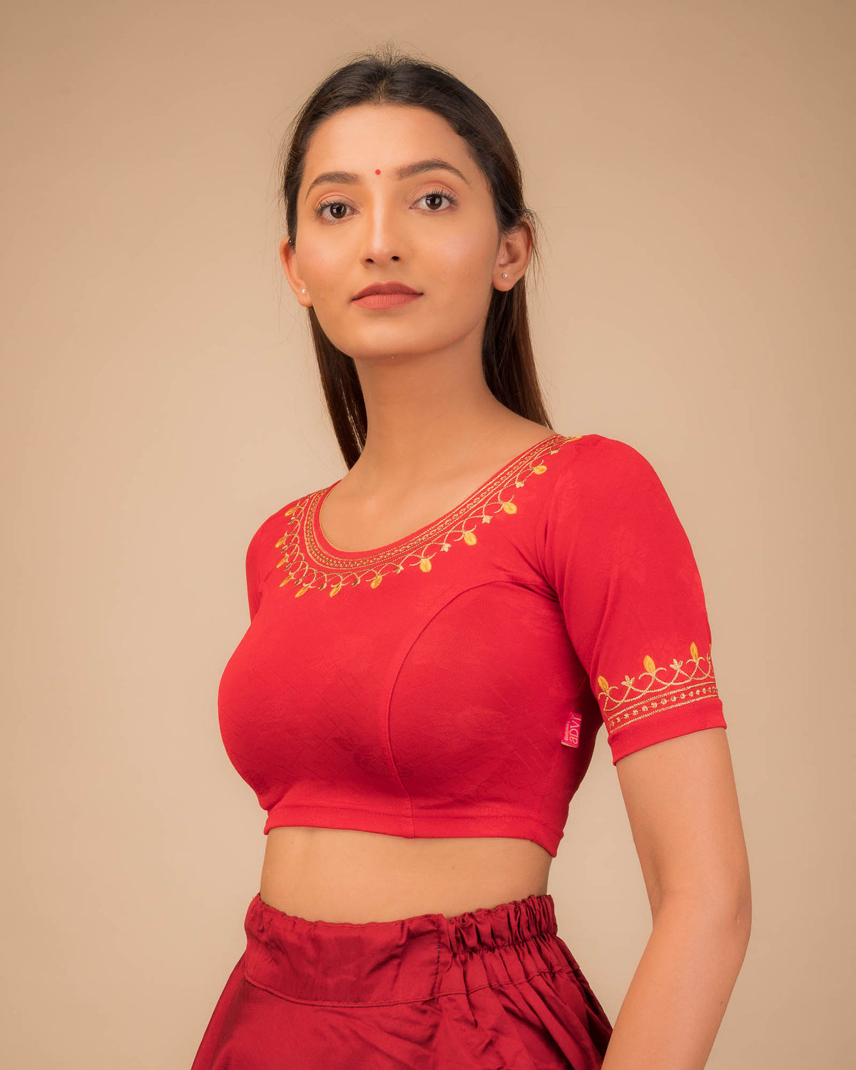 Jhankaar Red Embroidered Round Neck Stretchable Blouse by Advi