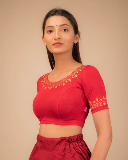 Jhankaar Red Embroidered Round Neck Stretchable Blouse by Advi