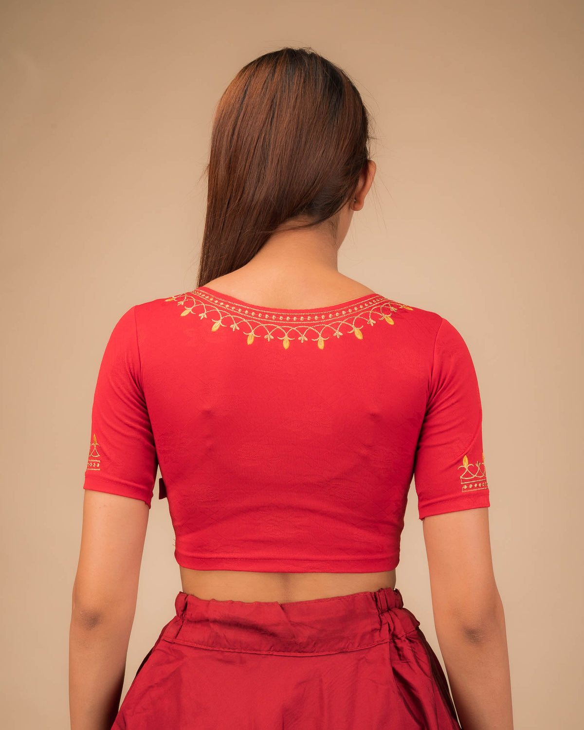 Jhankaar Red Embroidered Round Neck Stretchable Blouse by Advi