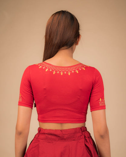 Jhankaar Red Embroidered Round Neck Stretchable Blouse by Advi