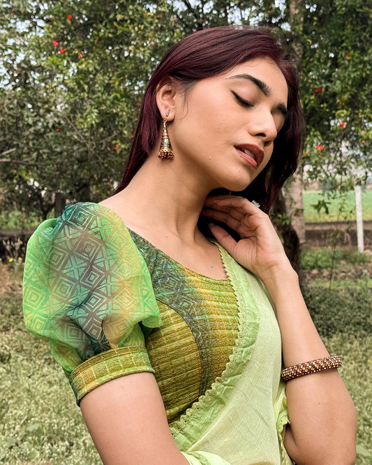 Kohima Multicolour Print Organza Puff Sleeve Stretchable Slip On Blouse