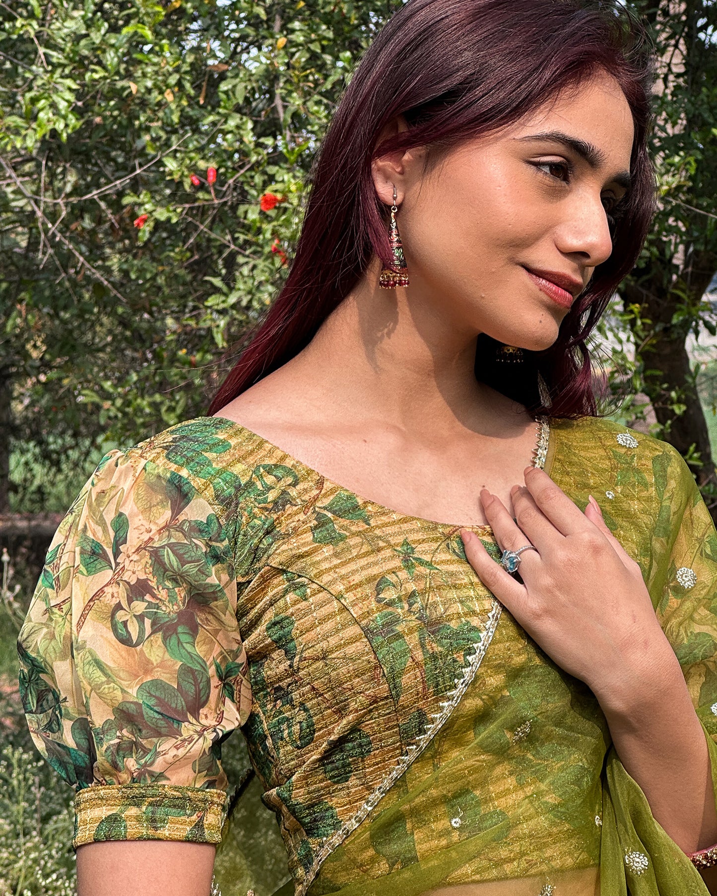 Kohima Multicolour Print Organza Puff Sleeve Stretchable Slip On Blouse