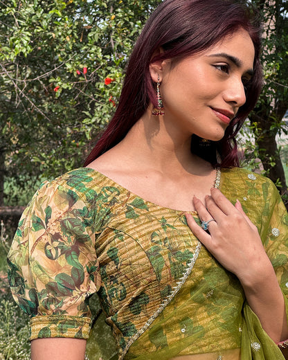 Kohima Multicolour Print Organza Puff Sleeve Stretchable Slip On Blouse