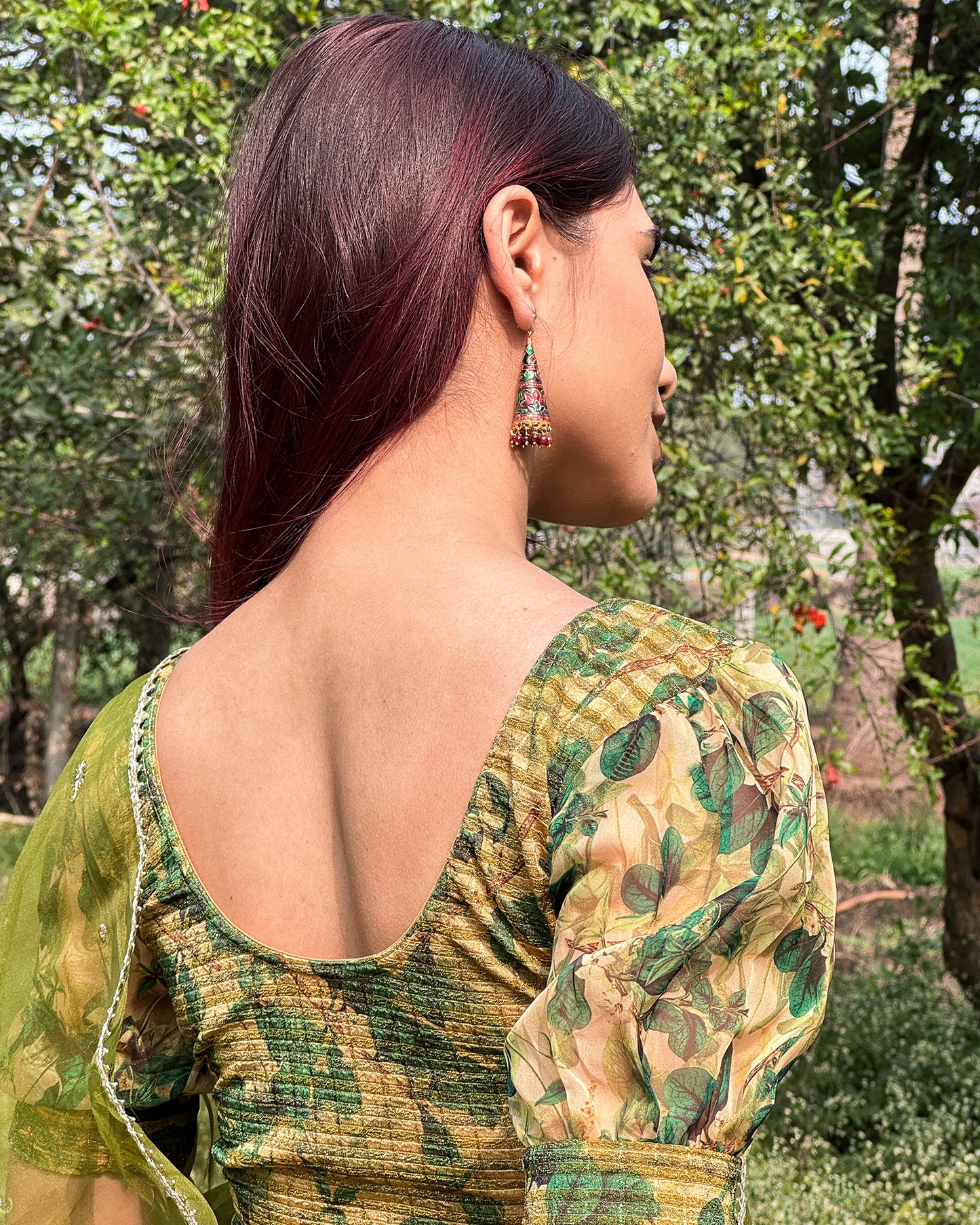 Kohima Multicolour Print Organza Puff Sleeve Stretchable Slip On Blouse