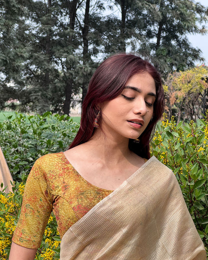 Baawri Mustard Multicolour Print Saree Blouse with Golden Back Advi