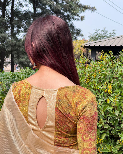 Baawri Mustard Multicolour Print Saree Blouse with Golden Back Advi