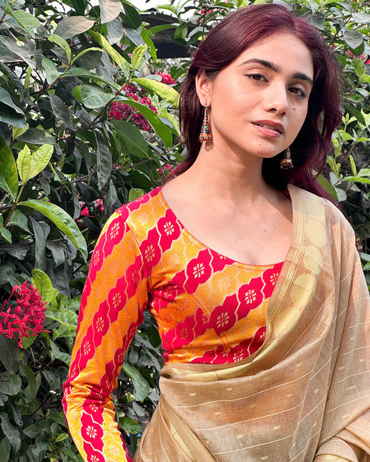 Shillong Winter Multicolour Persian Jaal Long Sleeve Stretchable Saree Blouse