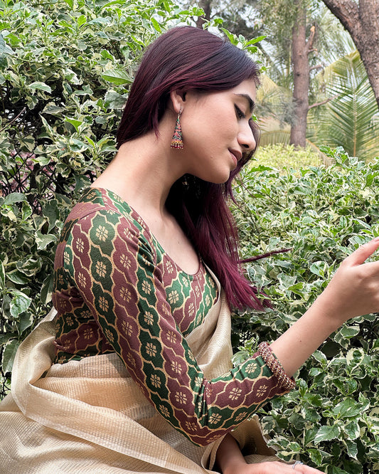 Shillong Winter Multicolour Persian Jaal Long Sleeve Stretchable Saree Blouse