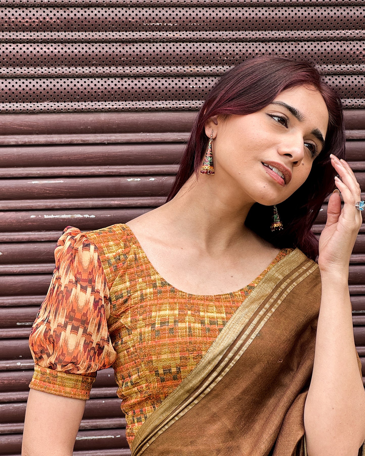 Kohima Multicolour Print Organza Puff Sleeve Stretchable Slip On Blouse