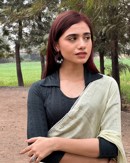 Rakhi Bottle Green Ikat Collar Long Sleeve Stretch Blouse advi