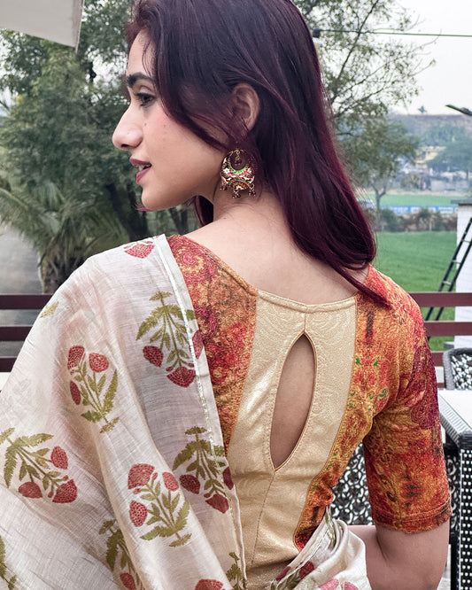 Baawri Red Multicolour Print Saree Blouse with Golden Back Advi