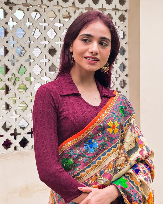 Rakhi Maroon Collar Long Sleeve Ikat Print Winter Blouse advi