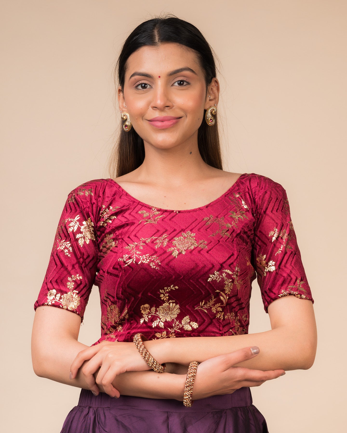Shabri Velvet Metallic Floral Sweetheart Neck with Potli Detail Stretchable slip on Blouse