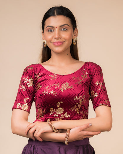 Shabri Velvet Metallic Floral Sweetheart Neck with Potli Detail Stretchable slip on Blouse