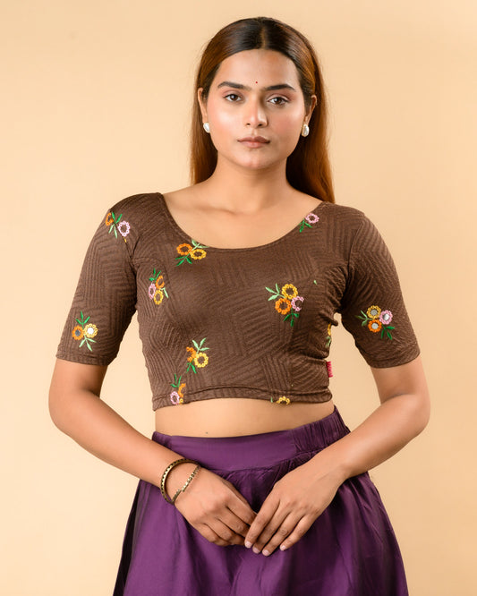 Jheeni coffee round neck blouse with multicolour resham floral buti by Advi - front