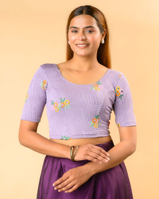 Jheeni lavender round neck blouse with multicolour resham floral buti by Advi - front