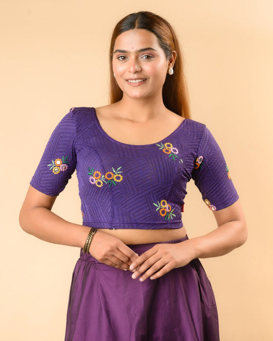 Jheeni purple round neck blouse with multicolour resham floral buti by Advi - front