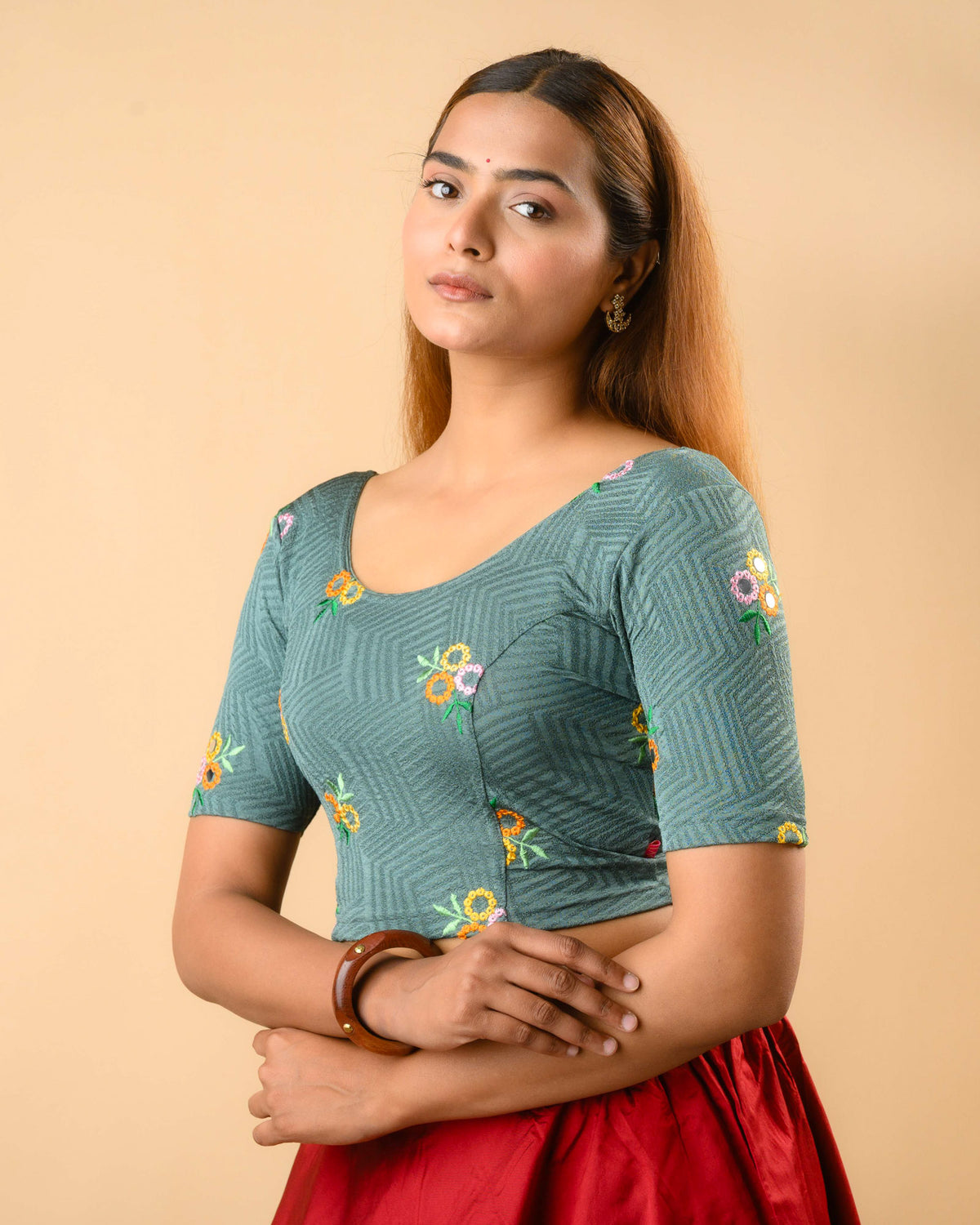 Jheeni sea green blouse side view with mirror work on the elbow sleeves by Advi - side