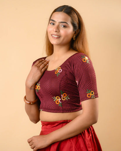 Jheeni wine blouse side view with mirror work on the elbow sleeves by Advi - side