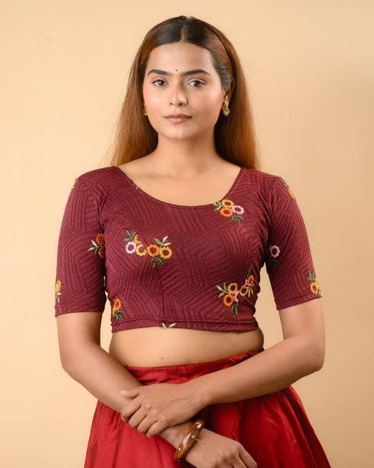 Jheeni wine round neck blouse with multicolour resham floral buti by Advi - front