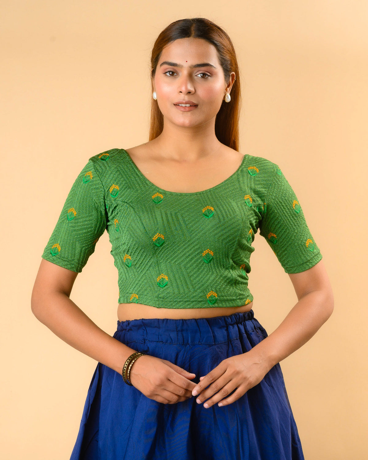 Keerti Bottle Green Jacquard Blouse with round neck and all over resham buti by Advi - front