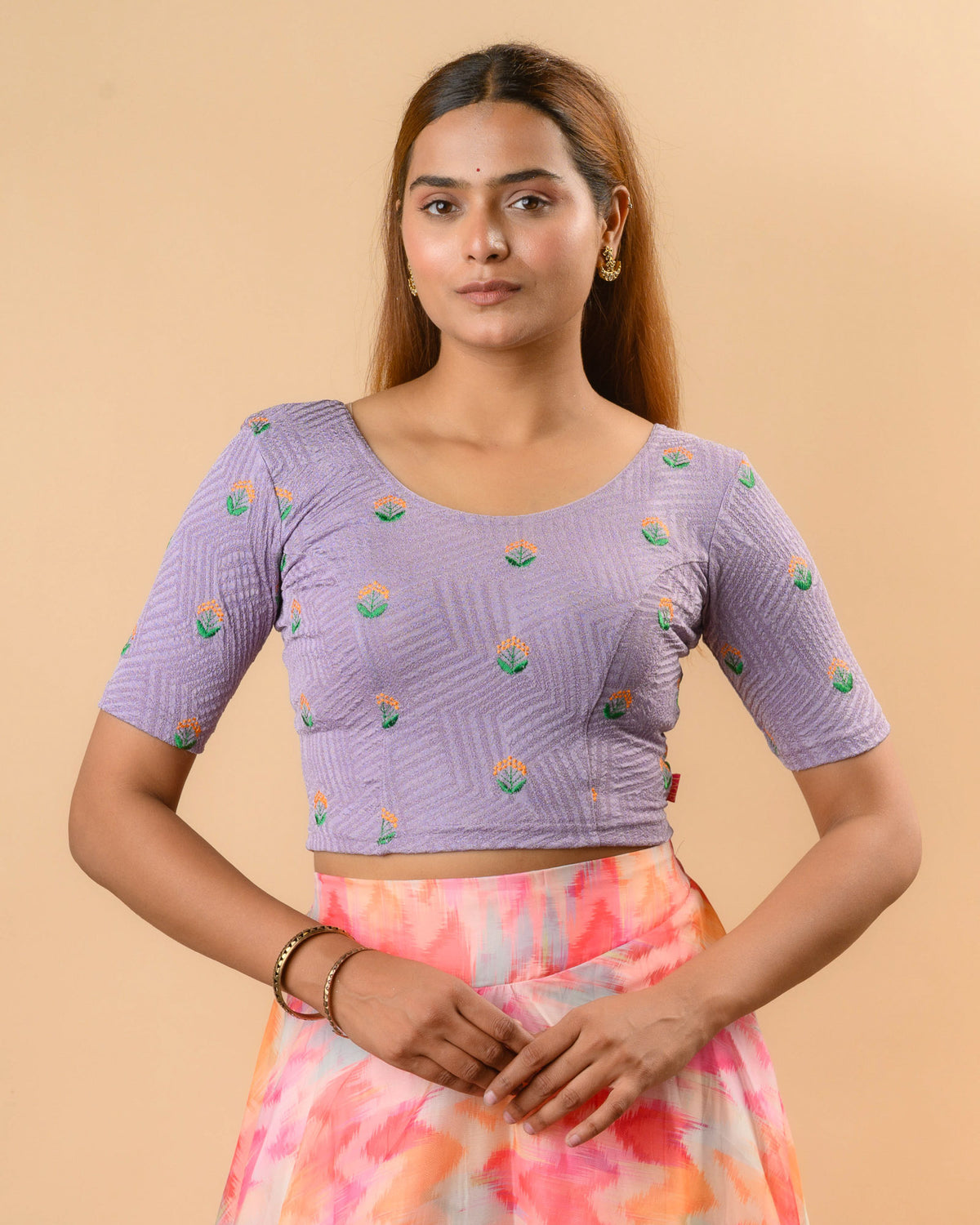 Keerti Lavender Potli Back Blouse with round neck and all over resham buti by Advi - front