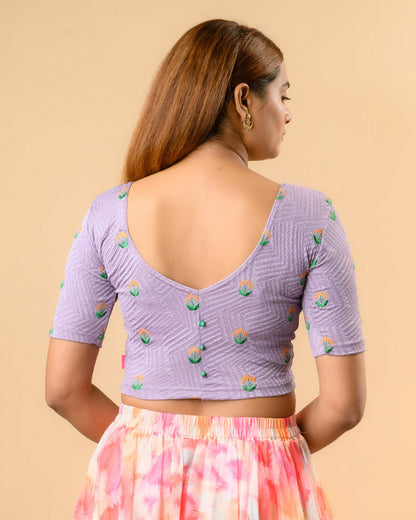 Keerti Lavender Potli Back blouse showing deep V back with green potli buttons by Advi - back