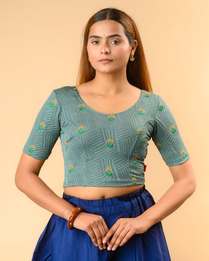 Keerti Sea Green Resham Blouse with round neck and all over resham buti by Advi - front