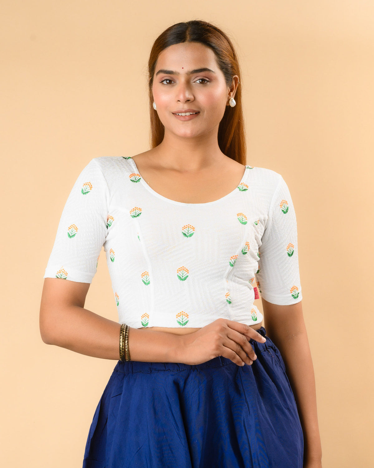 Keerti White Resham Buti Blouse with round neck and all over resham buti by Advi - front