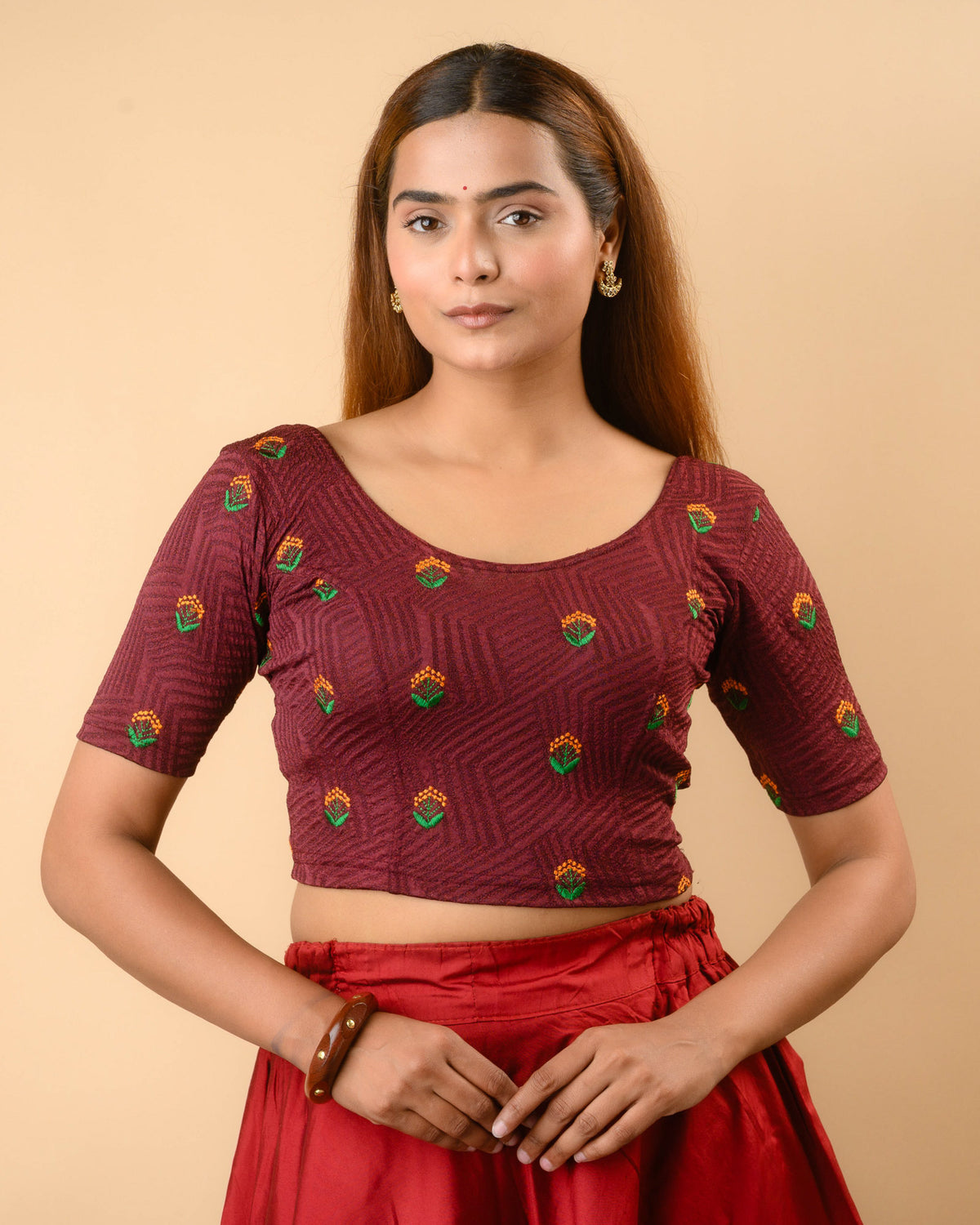 Keerti Wine Embroidered Jacquard Blouse with round neck and all over resham buti by Advi - front