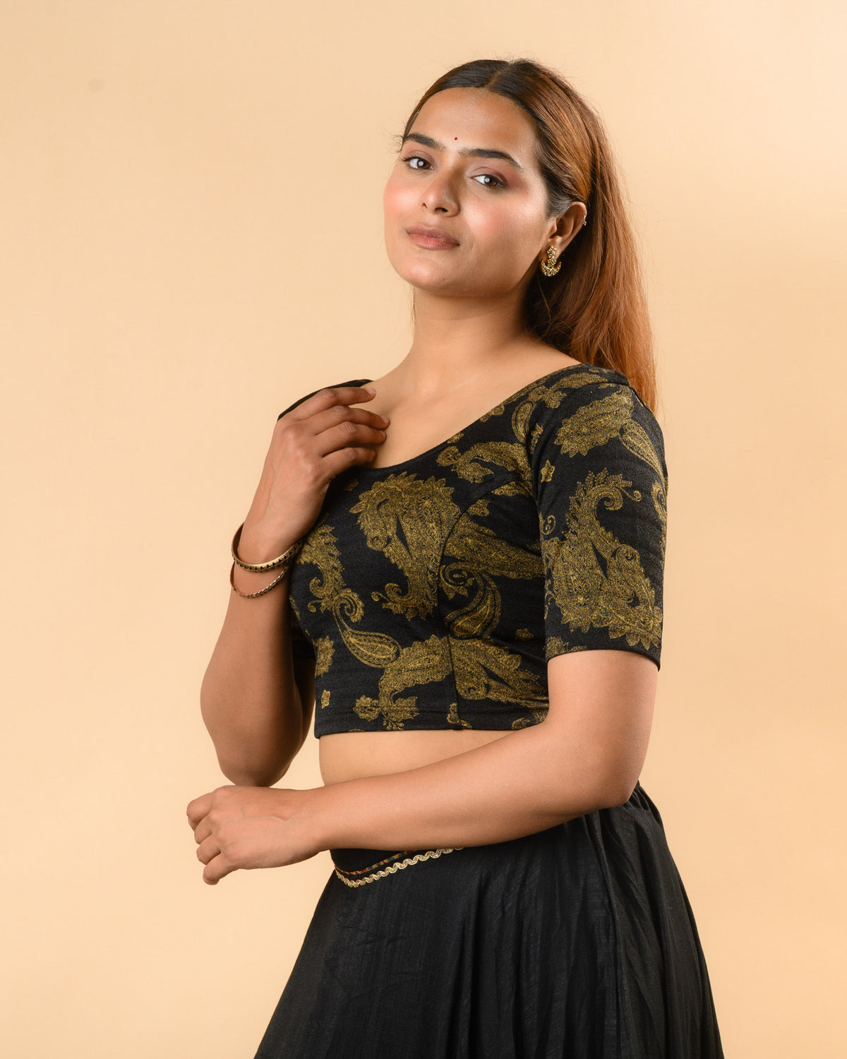Keri black foil print elbow sleeve blouse by Advi - side