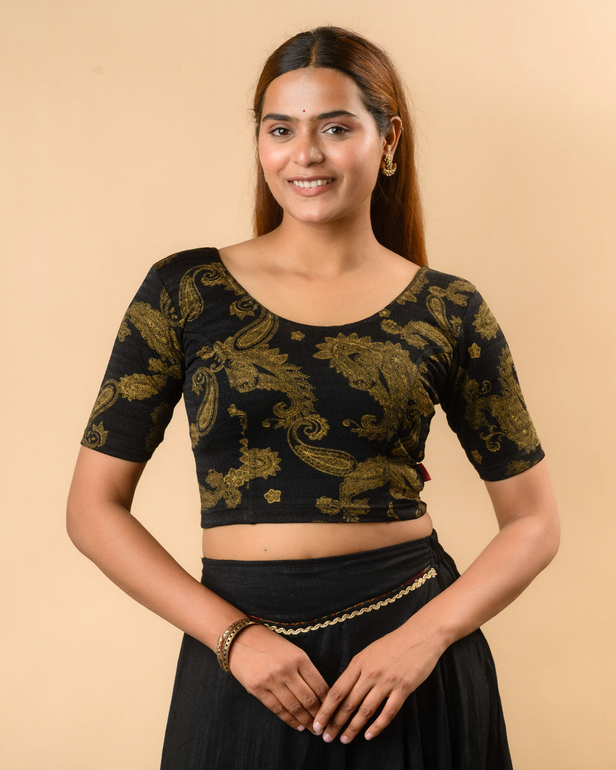 Keri black foil print round neck blouse by Advi - front