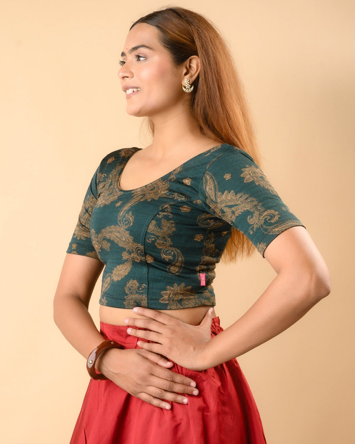 Keri bottle green foil print elbow sleeve blouse by Advi - side
