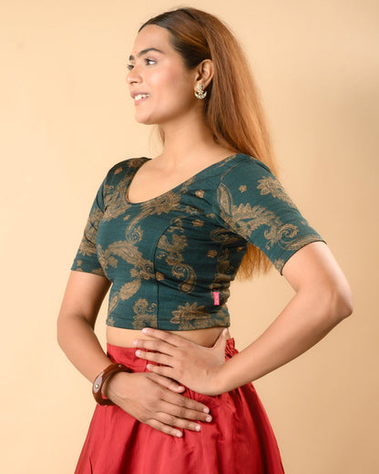 Keri bottle green foil print elbow sleeve blouse by Advi - side