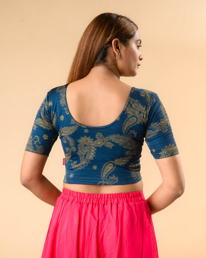 Keri peacock blue foil print deep round back blouse by Advi - back