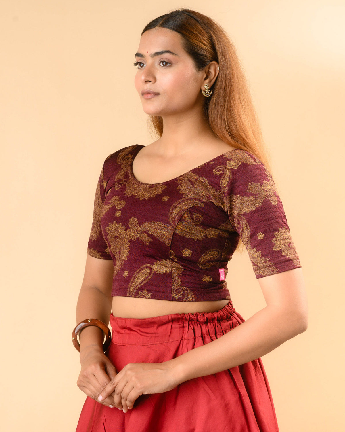 Keri wine foil print elbow sleeve blouse by Advi - side