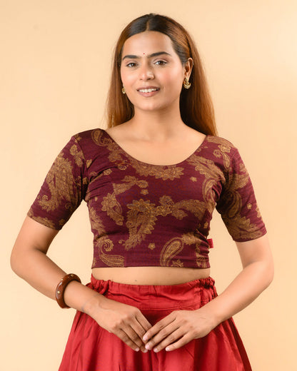 Keri wine foil print round neck blouse by Advi - front