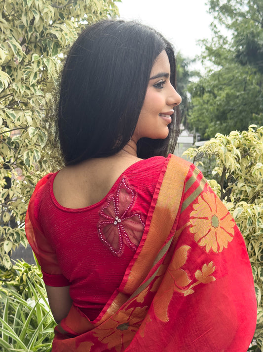 Vaayu Red Organza Puff Saree Blouse – Designer Stretchable by Advi