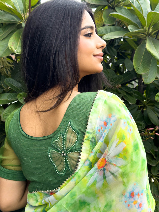 Vaayu Green Organza Puff Saree Blouse – Designer Stretchable by Advi