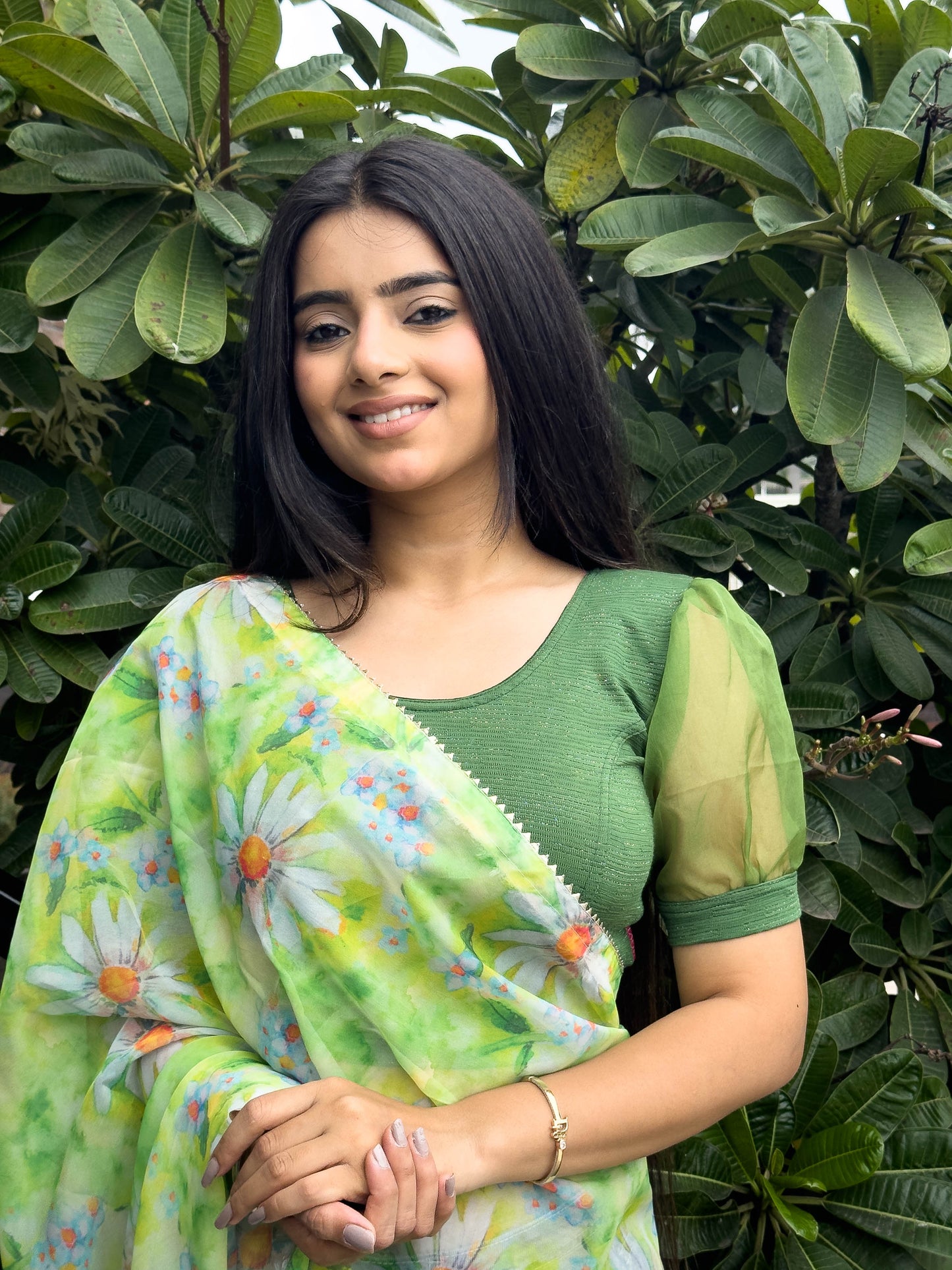 Vaayu Green Organza Puff Saree Blouse – Designer Stretchable by Advi