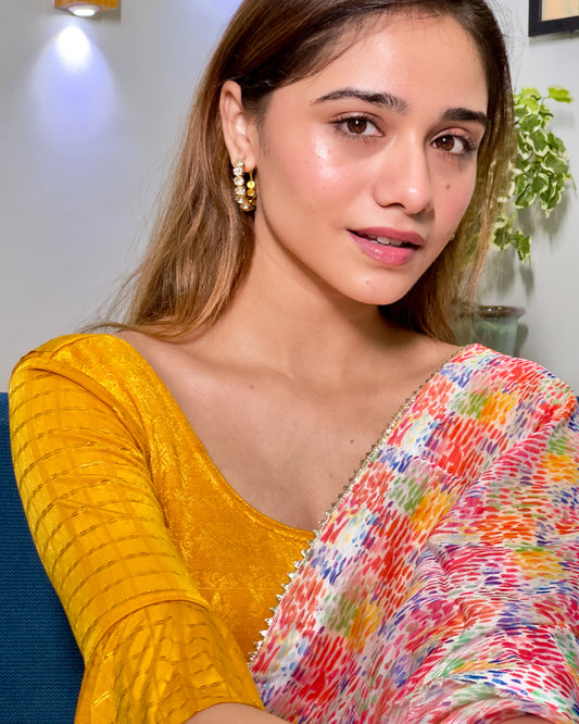 Reet Mustard Ruffle Neck Stretchable Slip on Blouse