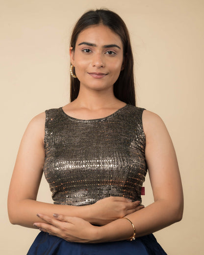 Tira Advi Rust Metallic Sequin Blouse – Sleeveless Backless Slip On for Cocktail Look