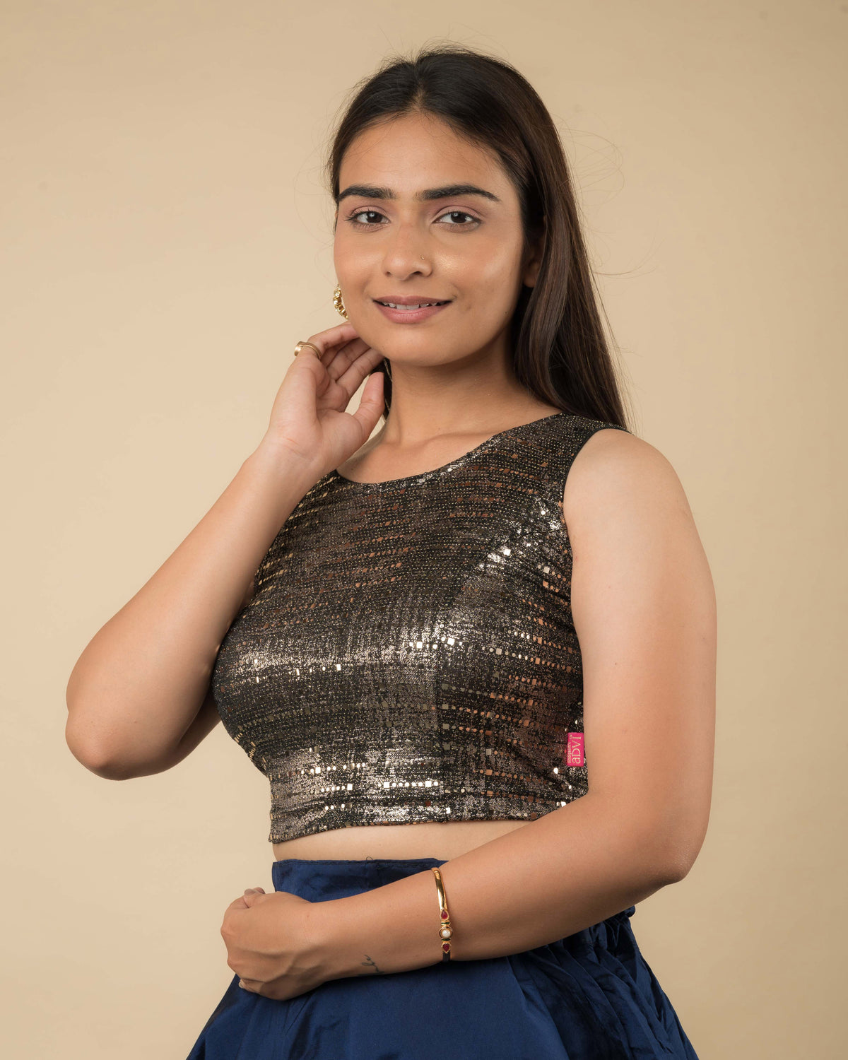Tira Advi Rust Metallic Sequin Blouse – Sleeveless Backless Slip On for Cocktail Look