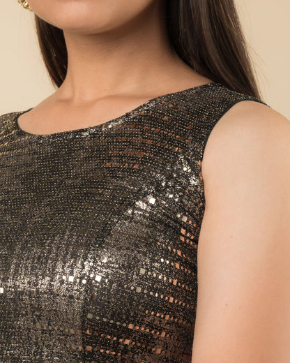 Tira Advi Rust Metallic Sequin Blouse – Sleeveless Backless Slip On for Cocktail Look