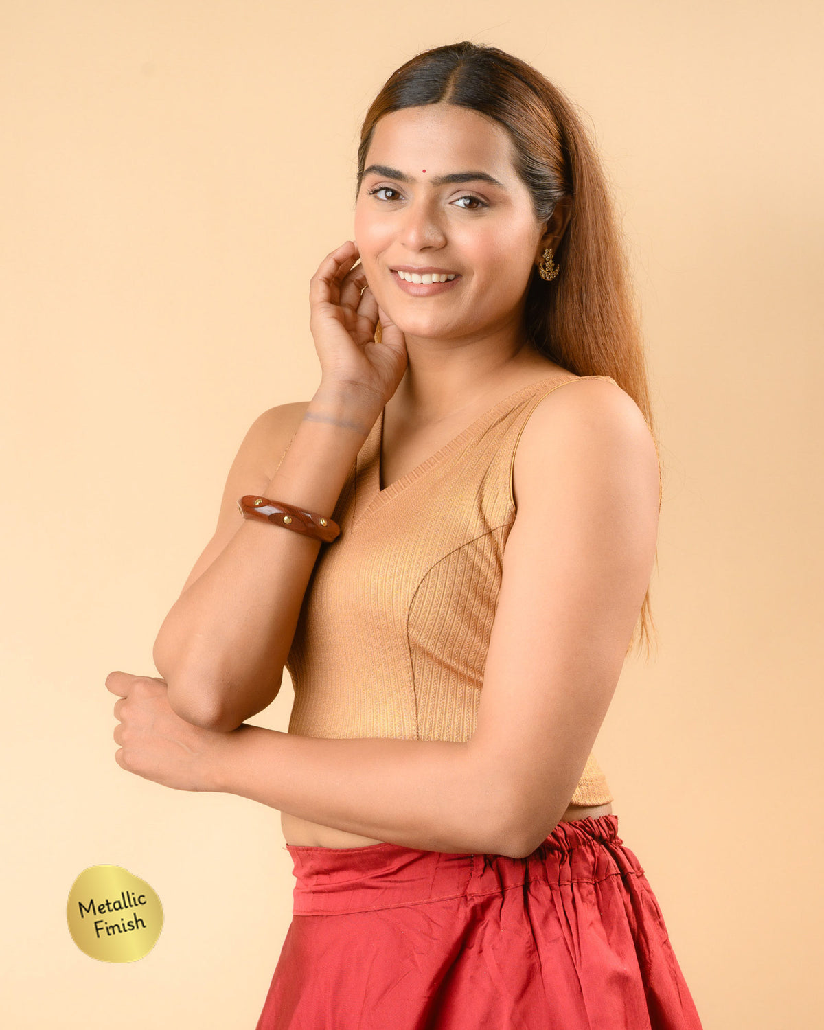 Shivani dark gold sleeveless blouse with princess seams by Advi - side