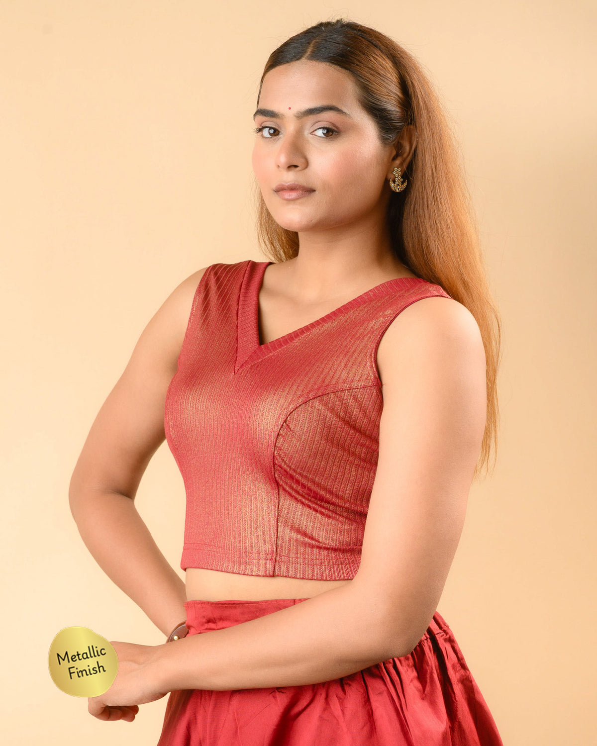 Shivani dark red sleeveless blouse with princess seams by Advi - side