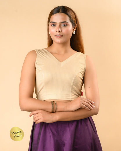 Shivani gold V neck sleeveless rib jacquard blouse by Advi - front