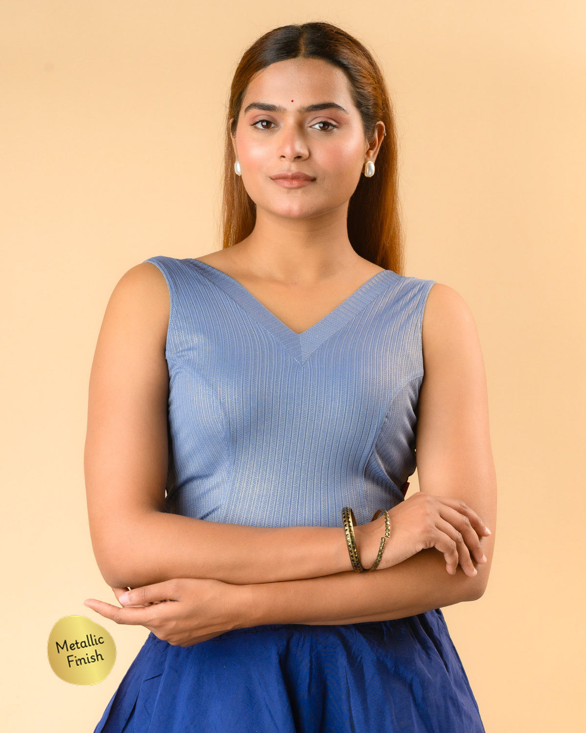 Shivani steel blue V neck sleeveless rib jacquard blouse by Advi - front