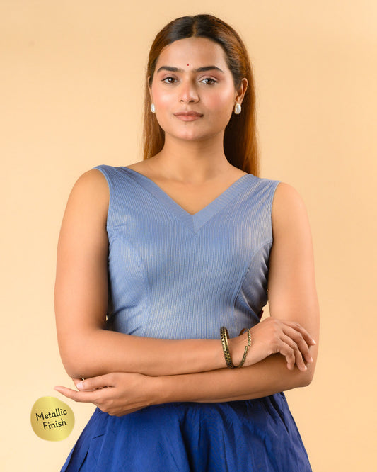 Shivani steel blue V neck sleeveless rib jacquard blouse by Advi - front